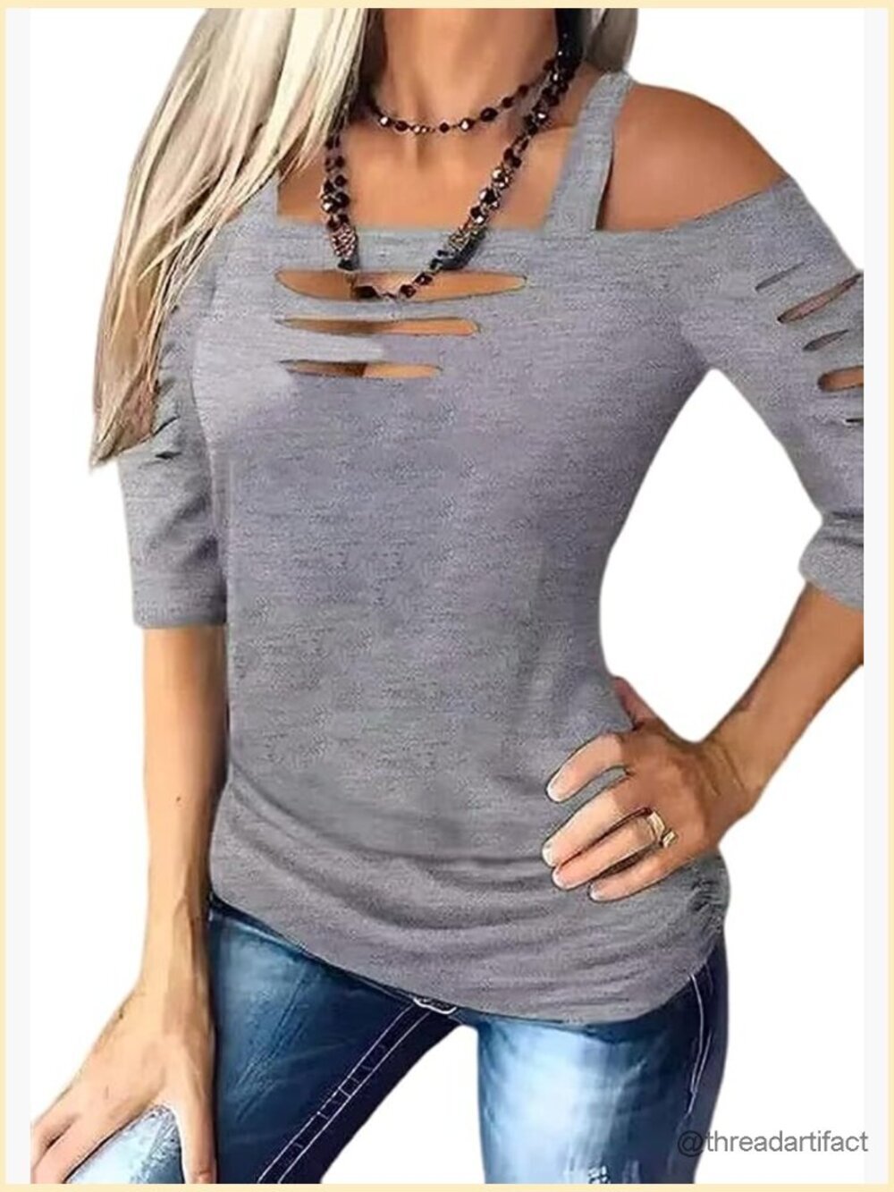 Cut Out Cold Shoulder Square Collar Blouse 3/4 Sleeve Hollow Out Tee Tops